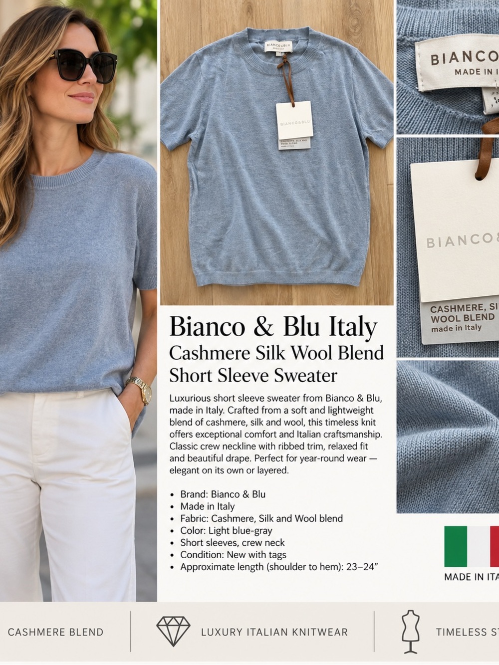 Light Blue-Gray Cashmere Silk Wool Blend Short Sleeve Sweater L